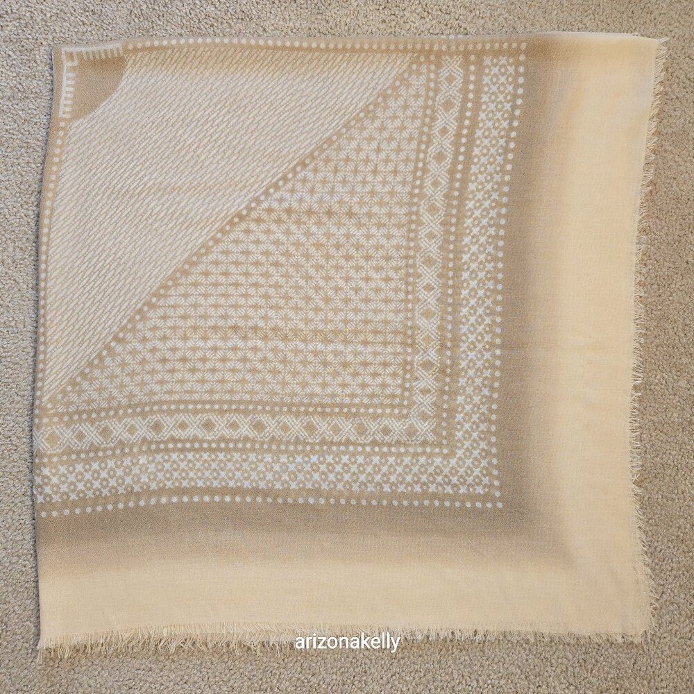 Huge Cashmere Square Woven Neutral Colors Tan Creme Lightweight - Picture 1 of 16